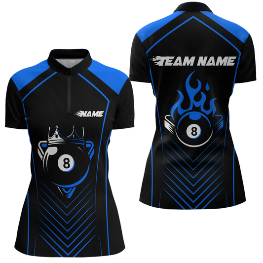 Customized Blue 8 Ball Pool Crown Women's Billiard Shirts, Billiard Team Shirts Polo & 1/4 Zip Shirts NNT37