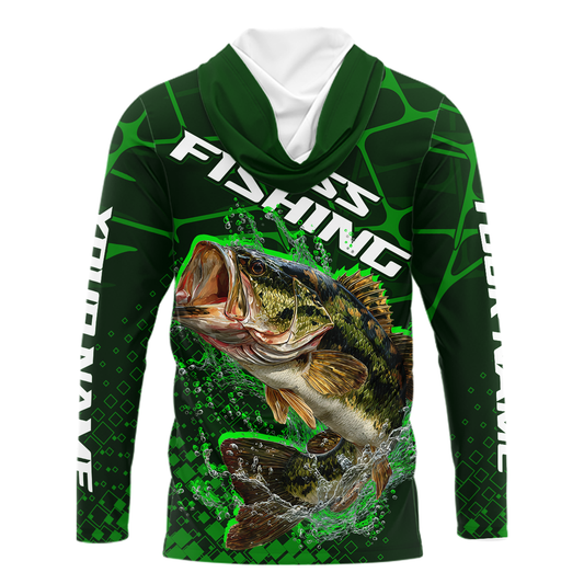 Largemouth Bass Fishing, Fishing Shirts Long Sleeve Hooded Scale, Fishing Gift | Green NHT392