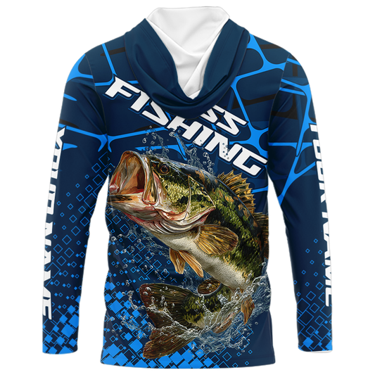 Largemouth Bass Fishing, Fishing Shirts Long Sleeve Hooded, Fishing Gift | Blue NHT385