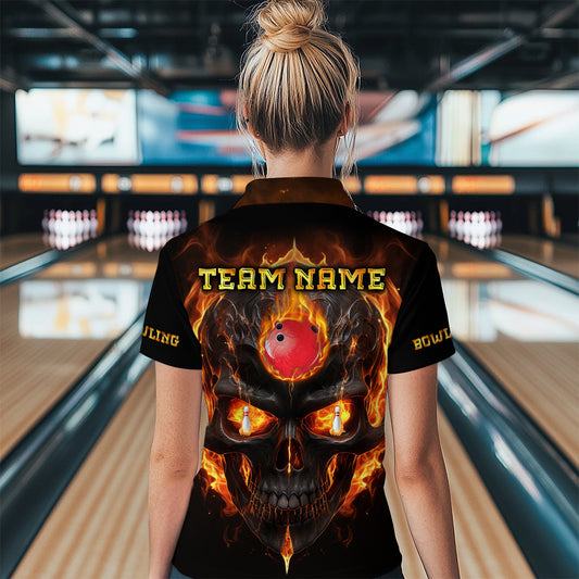 Skull Bowling Shirt For Women Flame Bowling Team League Jersey Custom Bowling Polo Shirt BDT333