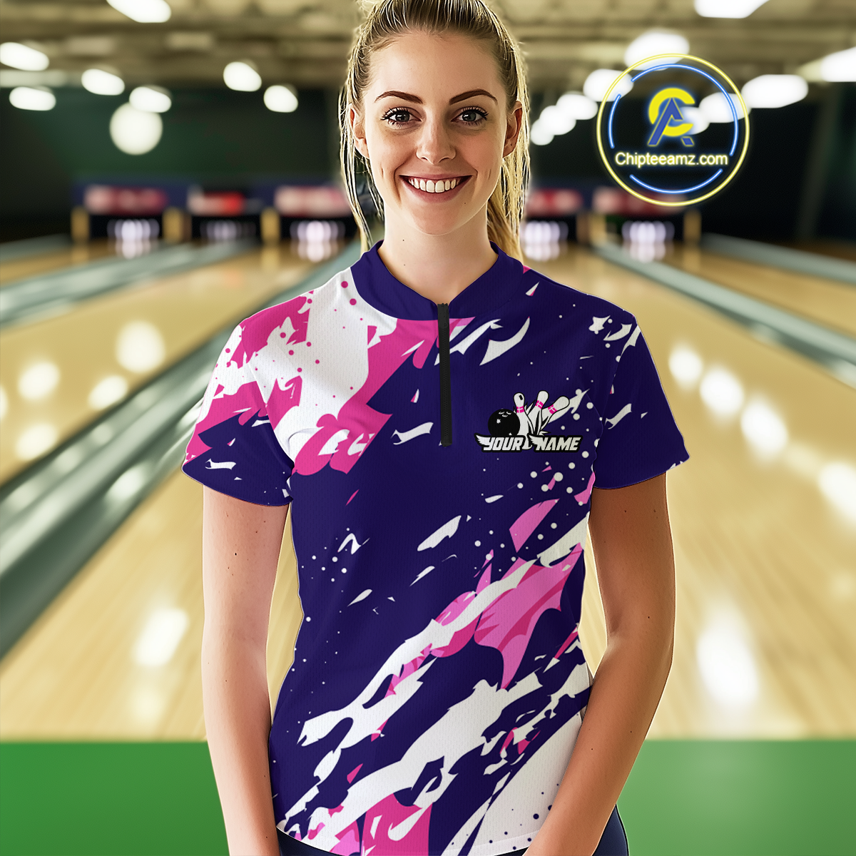 Custom Pink&Purple Bowling Shirts for Men Women Team Bowling Polo and Quarter Zip MBL117