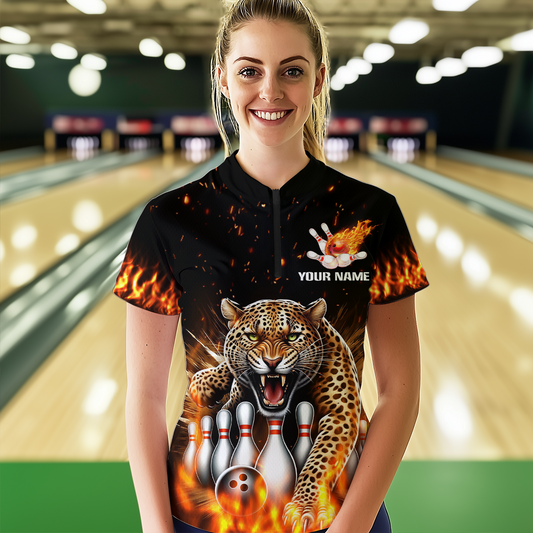 Custom Bowling Shirts Bowling Quarter Zip Flames Bowling Shirt for Women QZT452