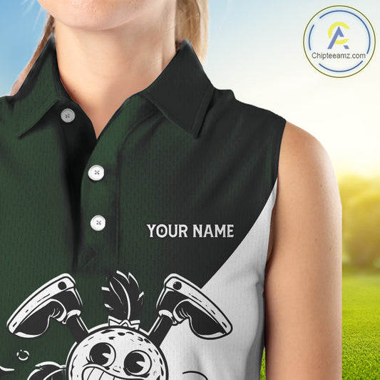 Green White Funny Golf Ball Pattern Sleeveless Womens Golf Polo Shirts Custom Golf Outfits Ladies, Green Golf Tops NHT785