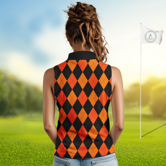Funny Women sleeveless polo shirt custom orange black argyle plaid Halloween Skull ladies golf attire NQS10355