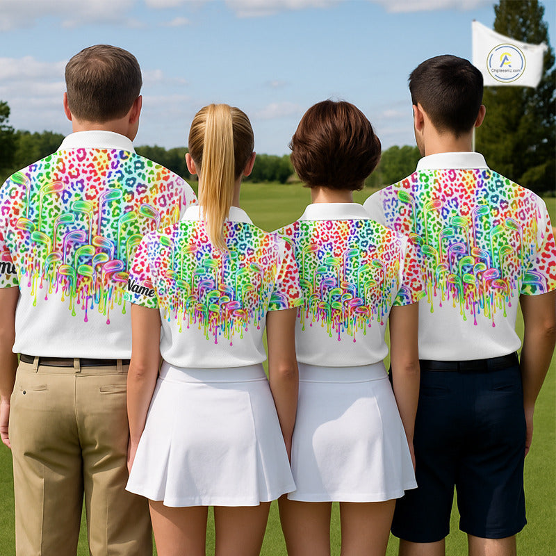 Mens Golf Polo Shirts Colorful Neon Watercolor Leopard Custom Name White Golf Shirts NBT509