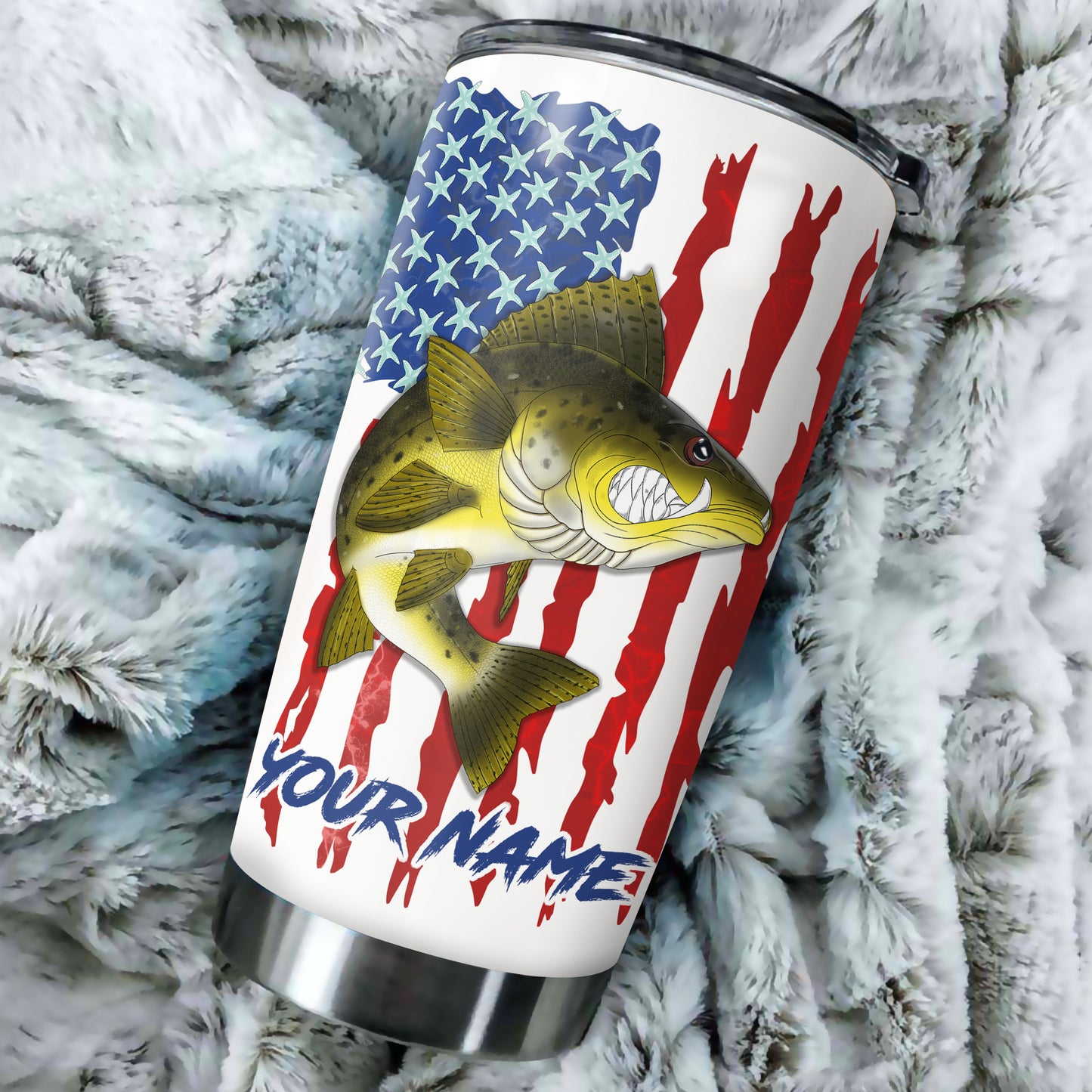 1pc Walleye fishing American flag angry Walleye ChipteeAmz's art Custom Stainless Steel Tumbler Cup AT059