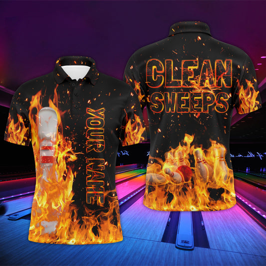 Flame Men Polo Bowling Shirt, Clean Sweeps Personalized Team Bowlers Jersey NBP80