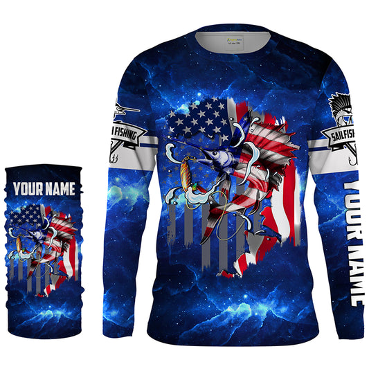 Sailfish fishing 3D American flag patriot UV protection quick dry Customize name long sleeves UPF 30+ personalized gift tshirt saltwater fishing apparel