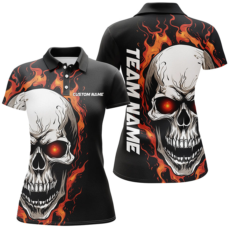 Orange Flame Skull Sport Jerseys, Custom Team Bowling Polo Shirts For Women, Bowler Outfits IPHW5272