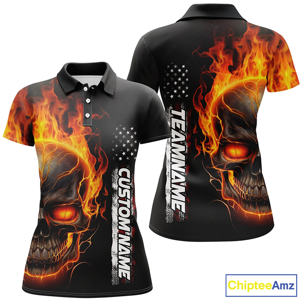 Flame Skull Custom Bowling Polo Shirts For Women, American Bowling Team Jerseys IPHW5275
