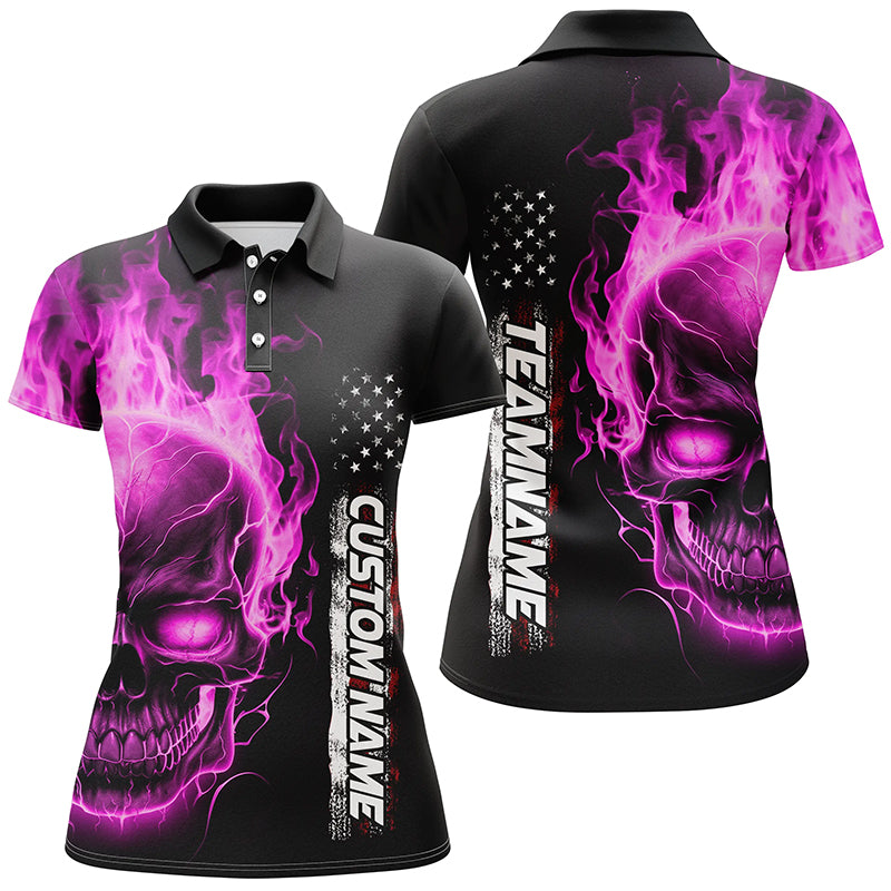 Pink Flame Skull Custom Bowling Polo Shirts For Women, American Bowling Team Jerseys IPHW5279