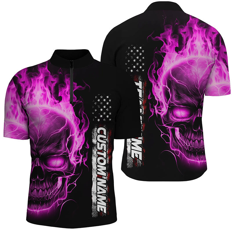 Pink Flame Skull Custom Bowling Quarter Zip Shirts For Men, American Bowling Team Jerseys IPHW5279