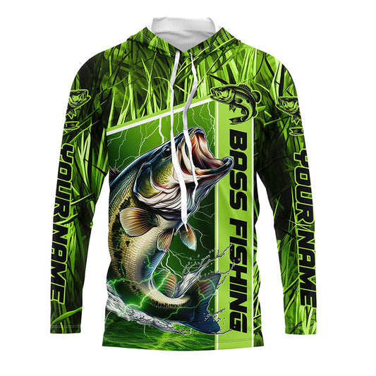 Custom Green Camo Bass Long Sleeve Tournament Fishing Shirts, Bass Fishing Jerseys IPHW5827