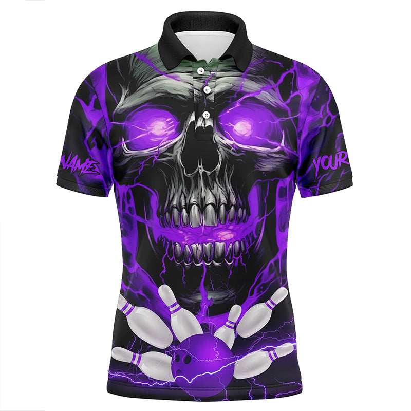 Custom Purple Thunder Lightning Skull Bowling Team Jerseys Men Polo Shirts Bowling League Shirts IPHW5369
