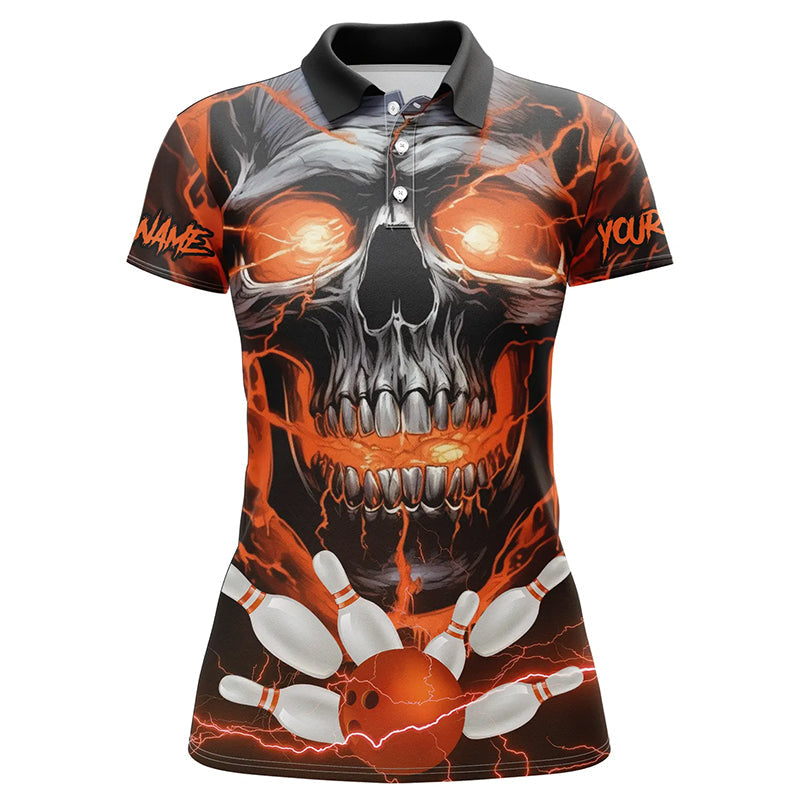 Custom Orange Thunder Lightning Skull Bowling Team Jerseys Women Polo Shirts Bowling League IPHW5370