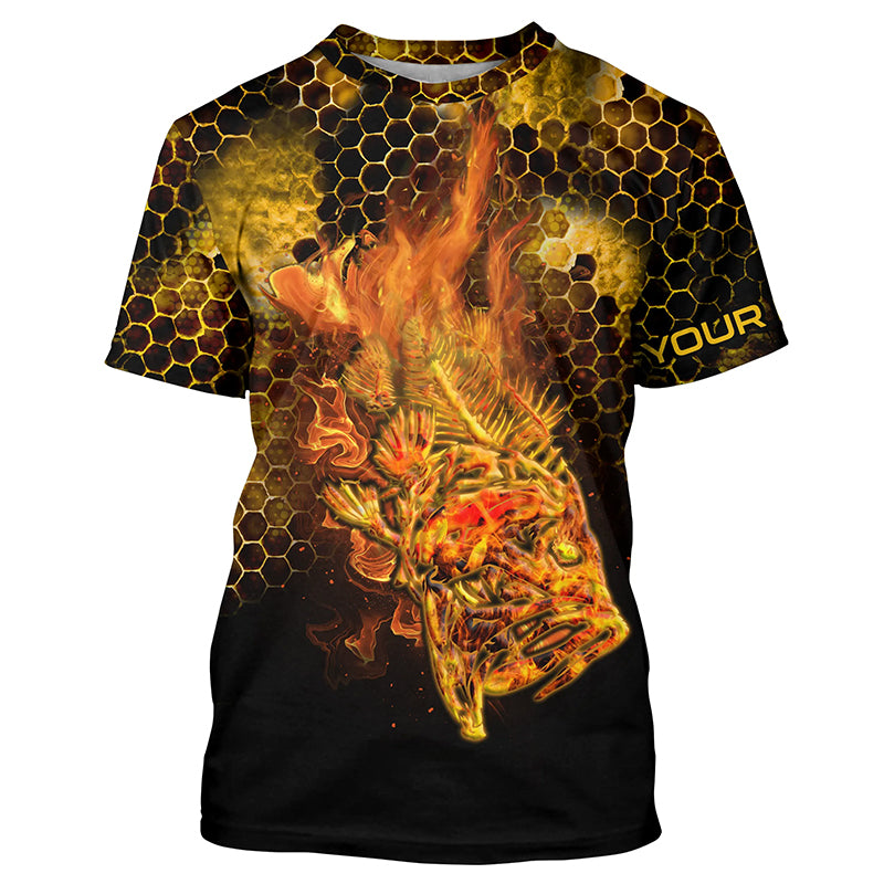 Flaming Fire fish skeleton fishing Custom UV sun protection Long sleeve Fishing Shirts, Fishing Gift NQS4602