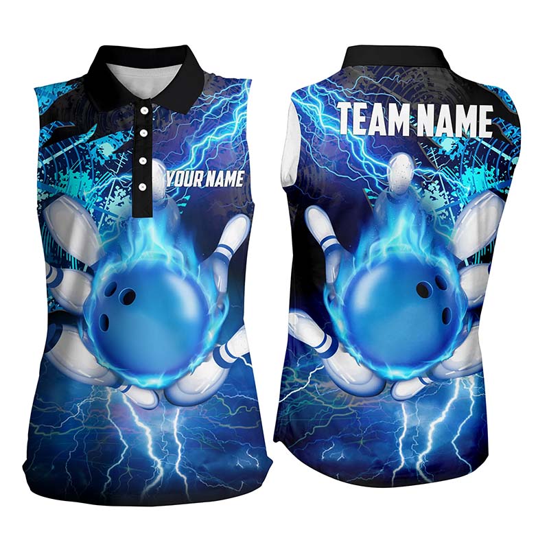 Women sleeveless Polo Shirt Custom flame lightning thunder team bowling Jerseys for ladies | Blue NQS6507