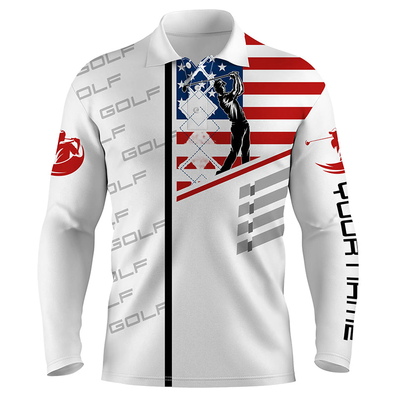 Mens golf polo shirt American flag patriotic golf shirts custom name golf gifts for men | White NQS3945