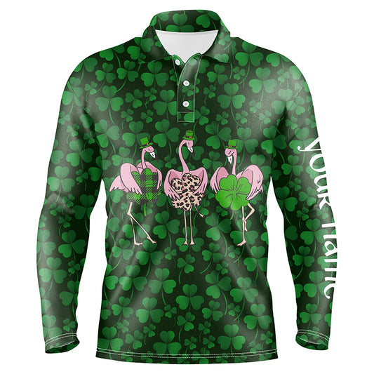 Funny Mens golf polo shirt green clover St Patrick day background custom name Flamingo golf friends NQS4742