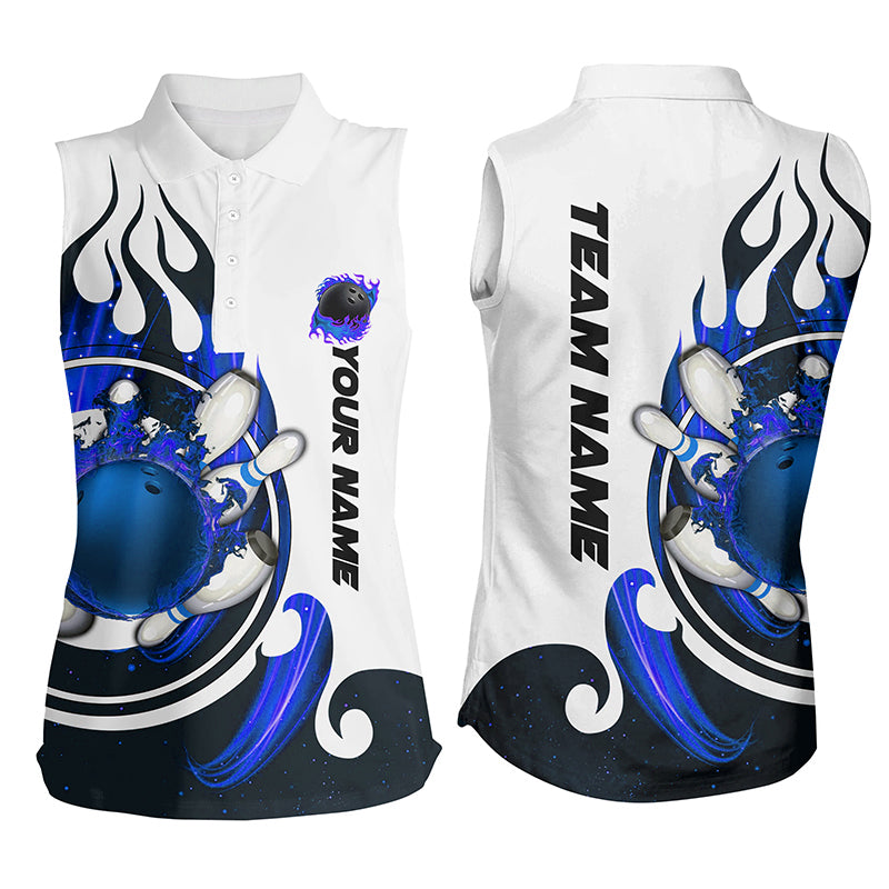 White Bowling sleeveless polo Shirt for women Custom blue flame bowling ball and pins Jerseys NQS7166