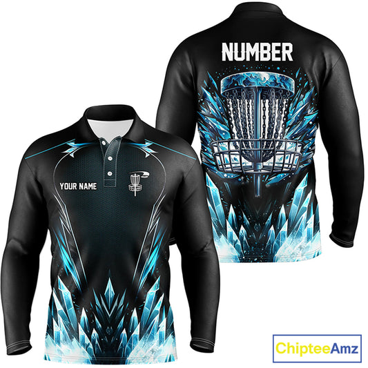 Icy blue Mens Disc golf polo shirts custom black disc golf basket jerseys, disc golf shirts NQS7323