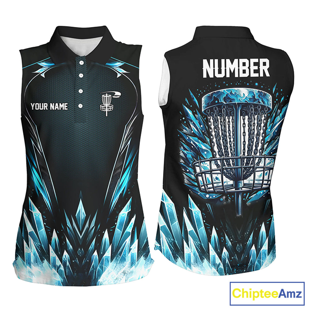 Blue camo Women Disc golf sleeveless polo shirts custom black disc golf jerseys, disc golf shirts NQS7323