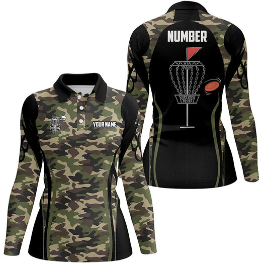 Black Womens disc golf polo shirt custom name, number camo disc golf jersey, ladies disc golf apparel NQS6434