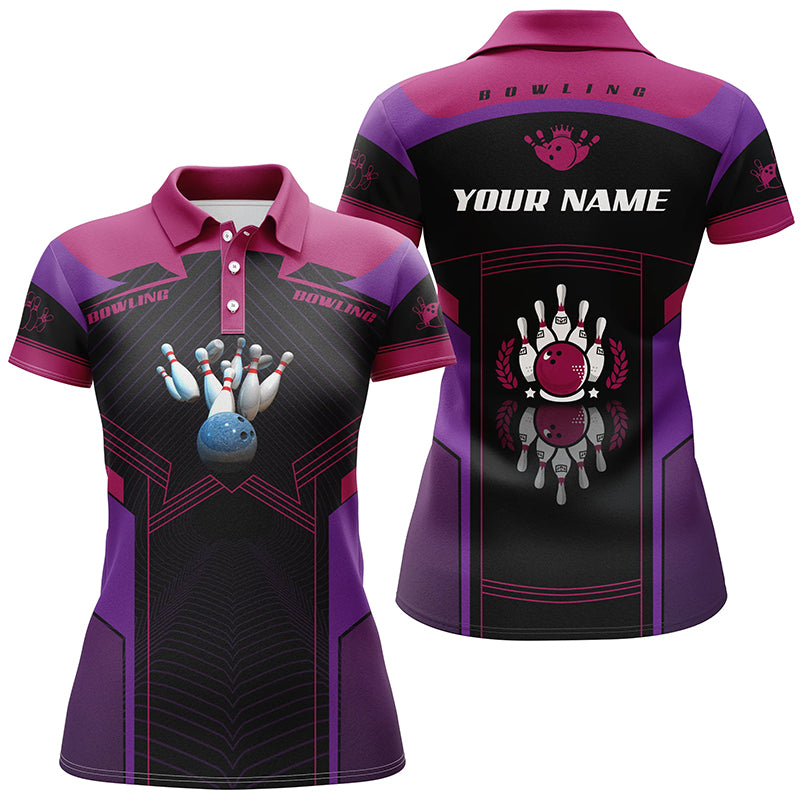 Custom purple bowling shirt for women – personalized team jersey front view