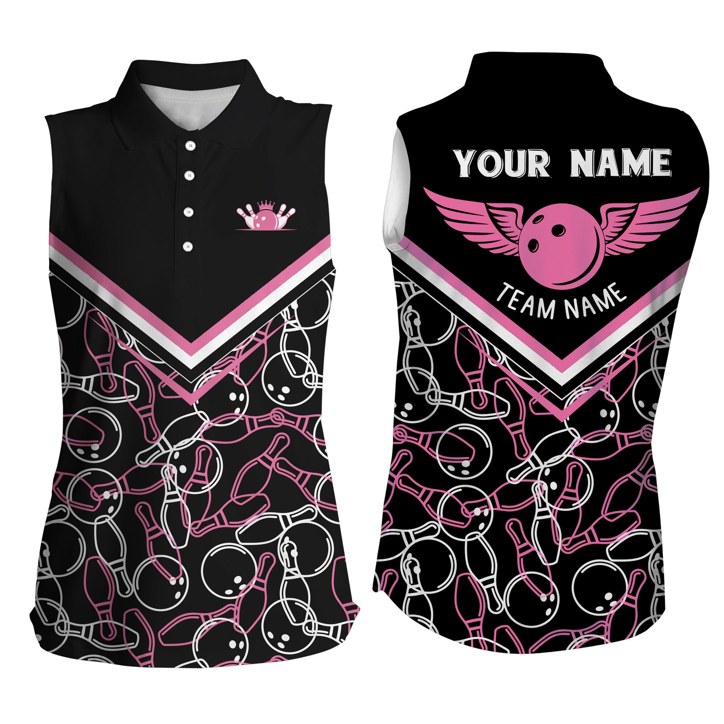 Custom sleeveless bowling shirt for women – personalized team jersey front view