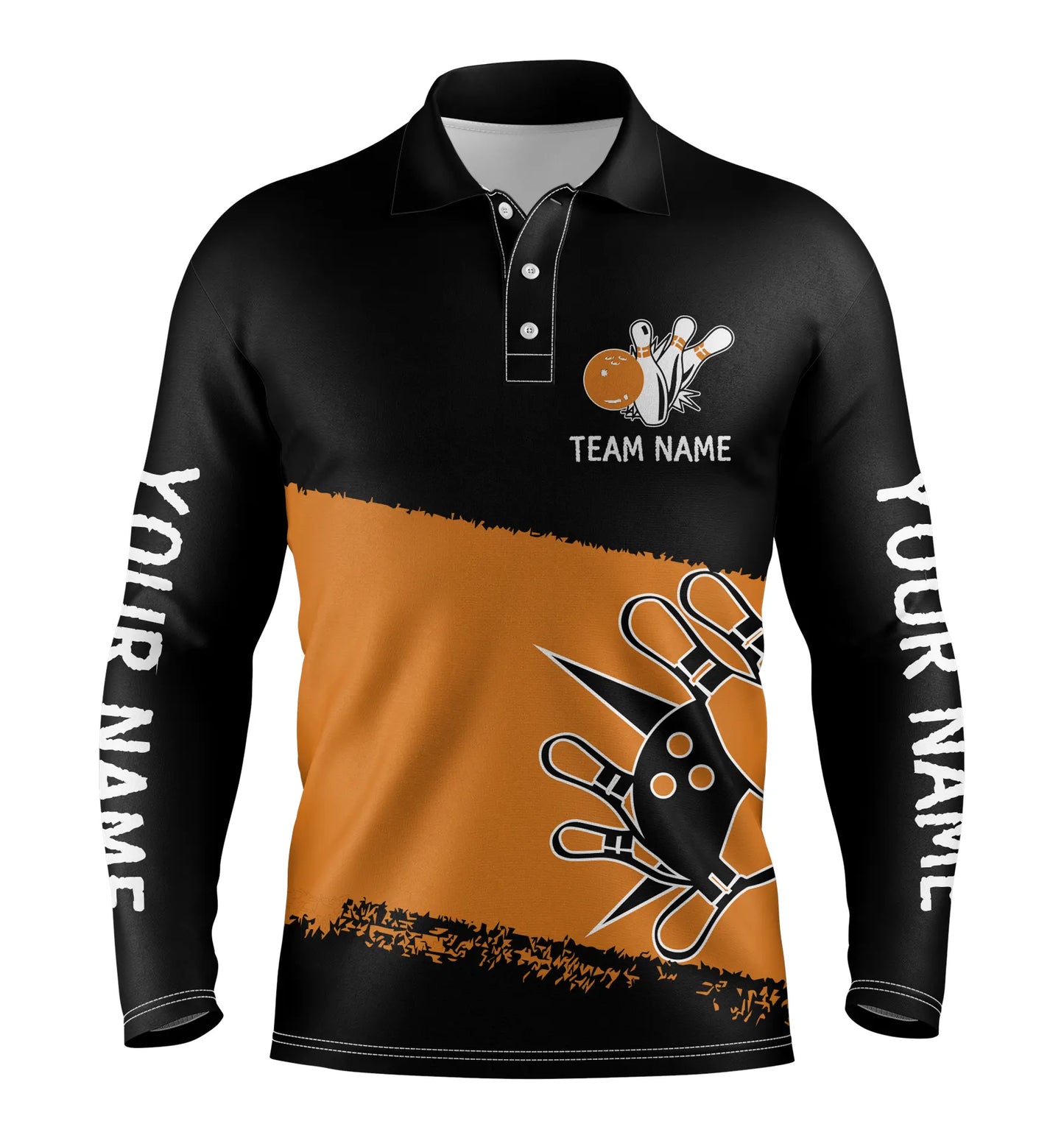Black orange personalized bowling shirt for men – custom name design side view