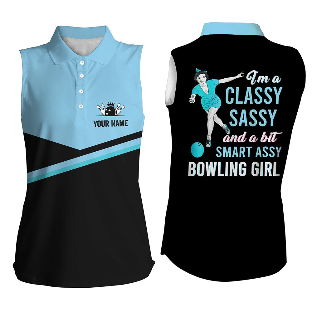 Custom black blue sleeveless bowling shirt for bowling – personalized team jersey front view