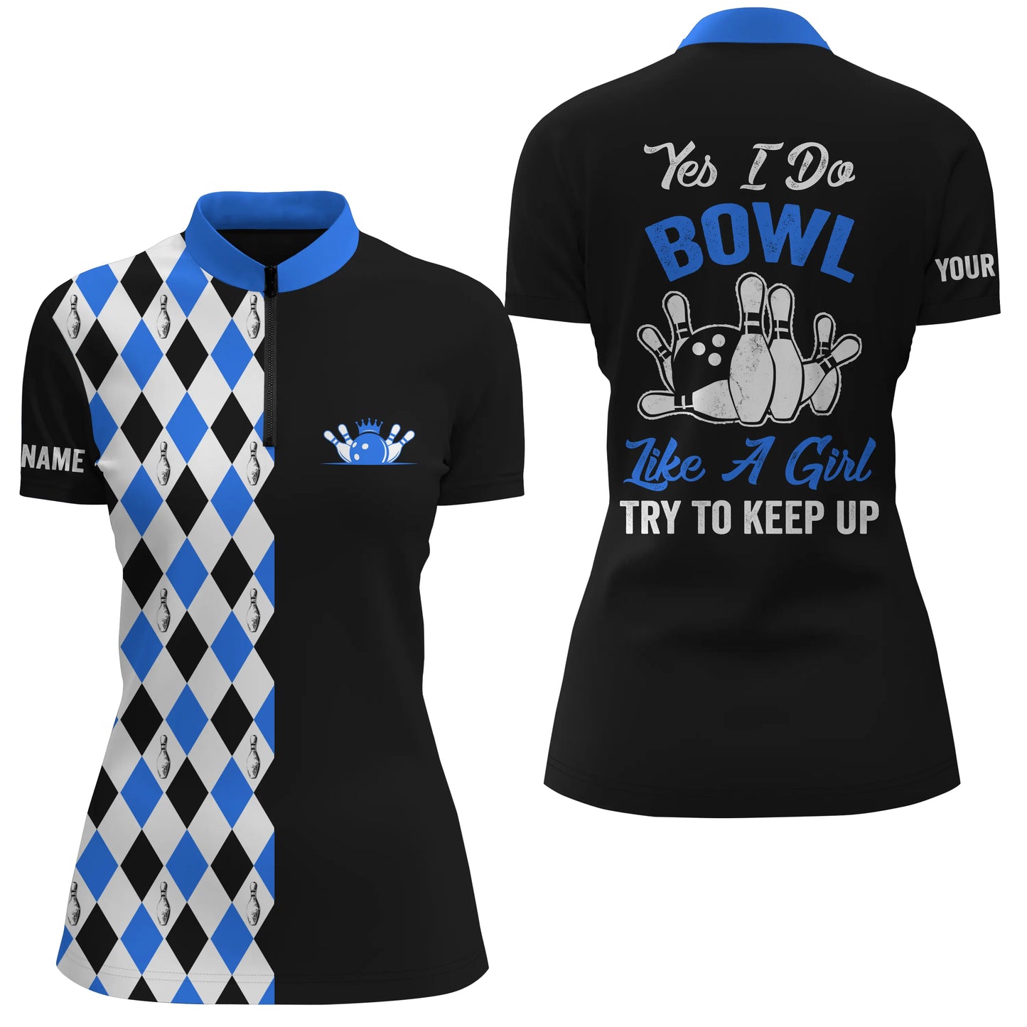 Custom Black blue bowling shirt for women – personalized team jersey front view