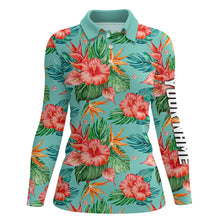 Load image into Gallery viewer, Womens golf polos shirts custom name green tropical flower hibiscus pattern golf tops for ladies NQS7130