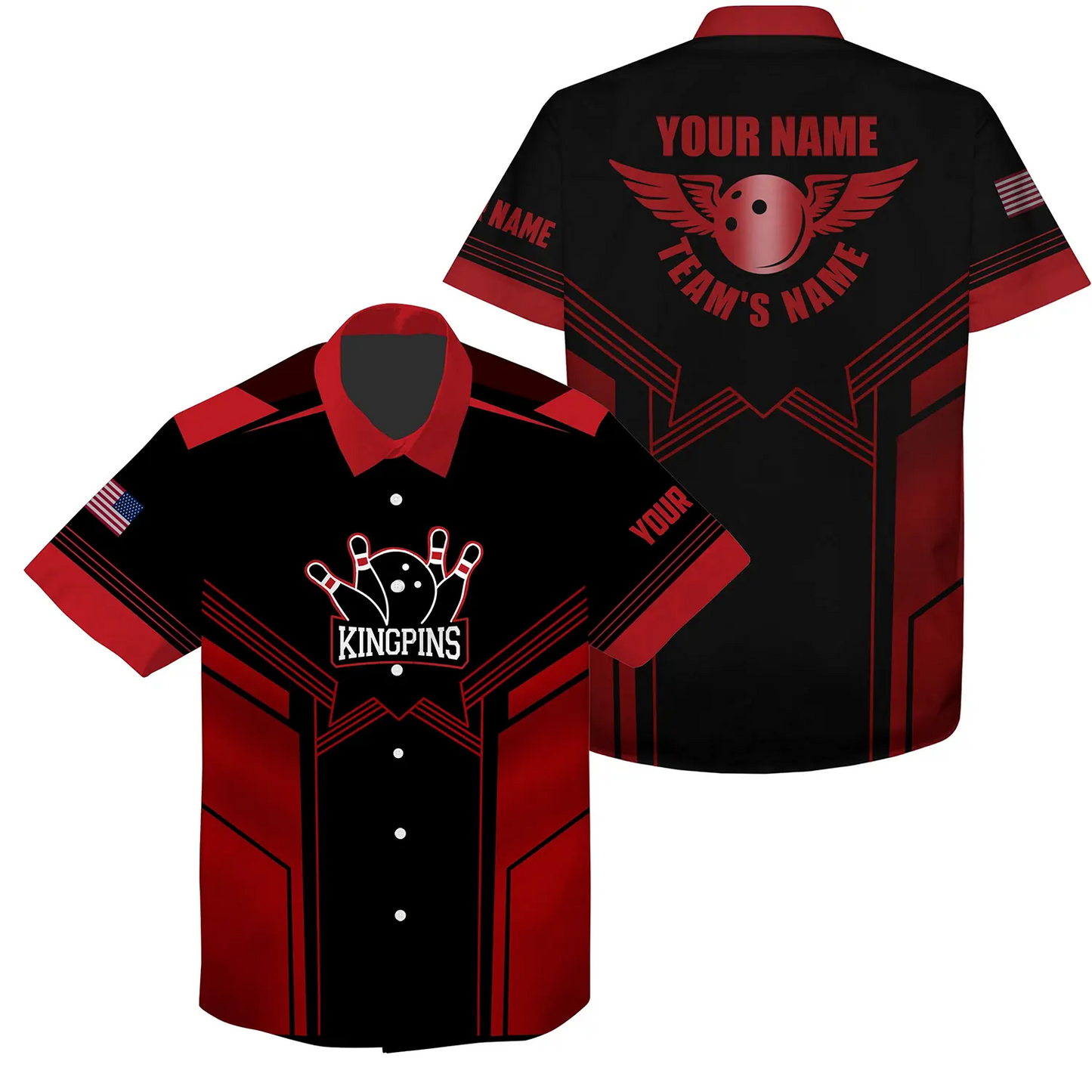 Custom Red black Hawaiian bowling shirt for men – personalized team jersey front view