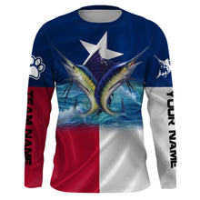 Load image into Gallery viewer, Marlin Sailfish fishing Texas flag custom name & team name fishing apparel, custom upf fishing shirts NQS3052