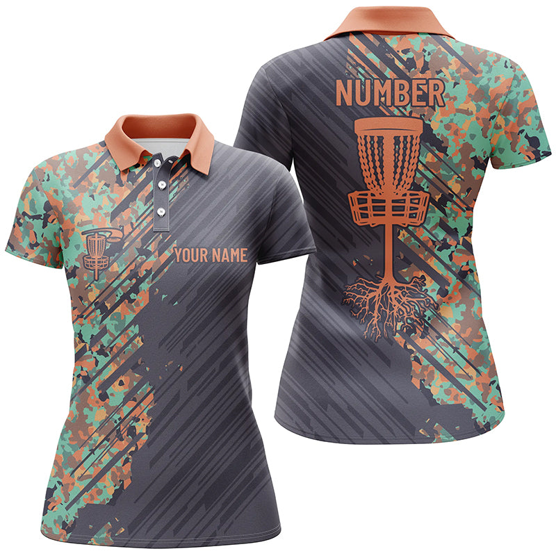 Womens disc golf polo shirts custom name Grunge Camo disc golf basket, personalized disc golf apparel NQS7200