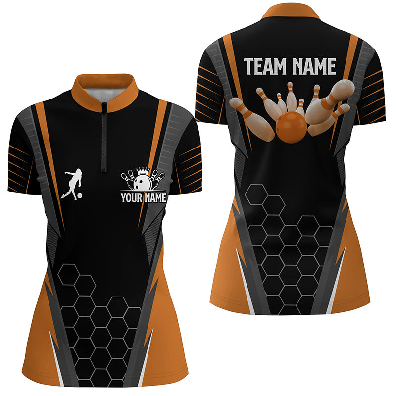 Black Women's Bowling Shirt Quarter-Zip Custom Ladies Bowlers Jersey, team bowling outfits | Orange NQS6503