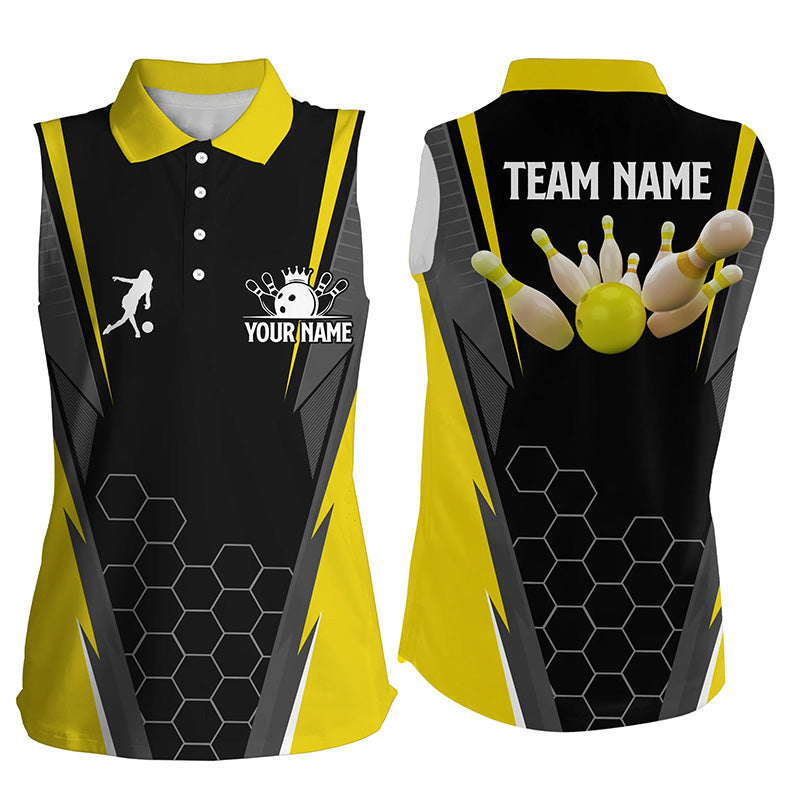 Black women's Bowling sleeveless polo Shirt Custom ladies Bowlers Jersey, team bowling outfits| Yellow NQS6504