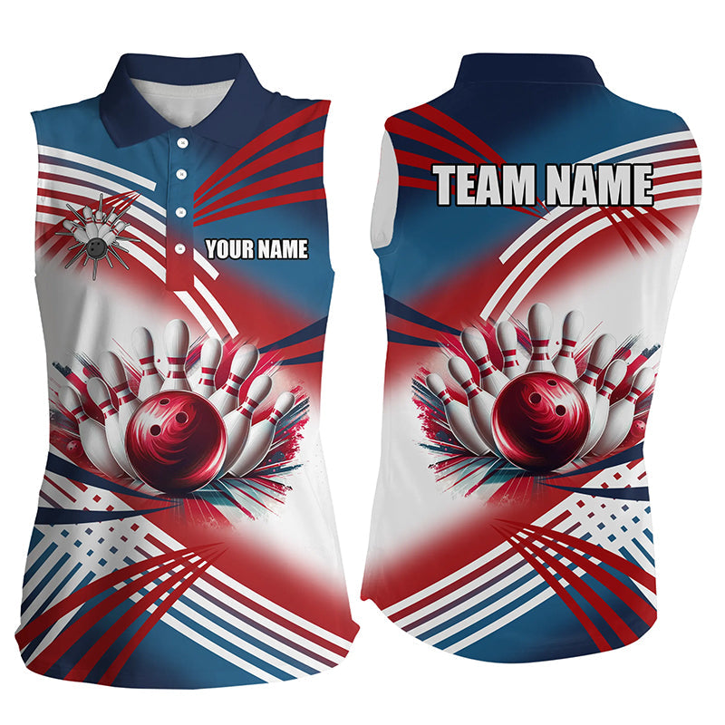 Red, white and blue Women sleeveless polo shirts Custom Team bowling ball and pins shirts for women NQS7234