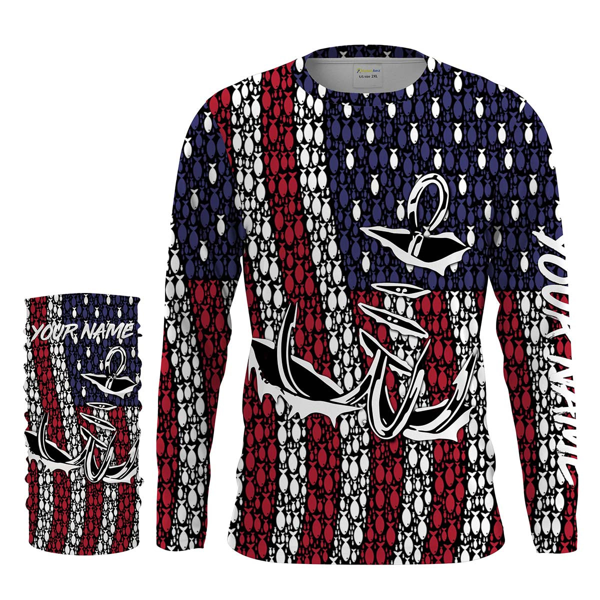 American Flag 3D Fish Hook Treble Hook Custom Name All Over Printed UV Protection Shirts Fishing Apparel Patriotic Gift FSD2015