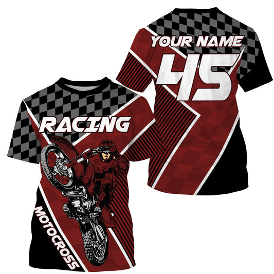 Motocross Racing Jersey Personalized UPF30+, Motorcycle Red Dirt Bike Racing Off-Road Riders Racewear| NMS433