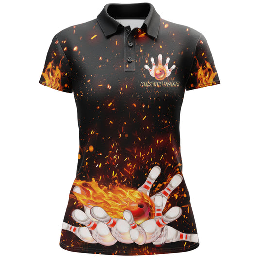 Flame Polo Bowling Shirt for Women, Personalized Black Bowling Jersey for Female Bowlers NBP139