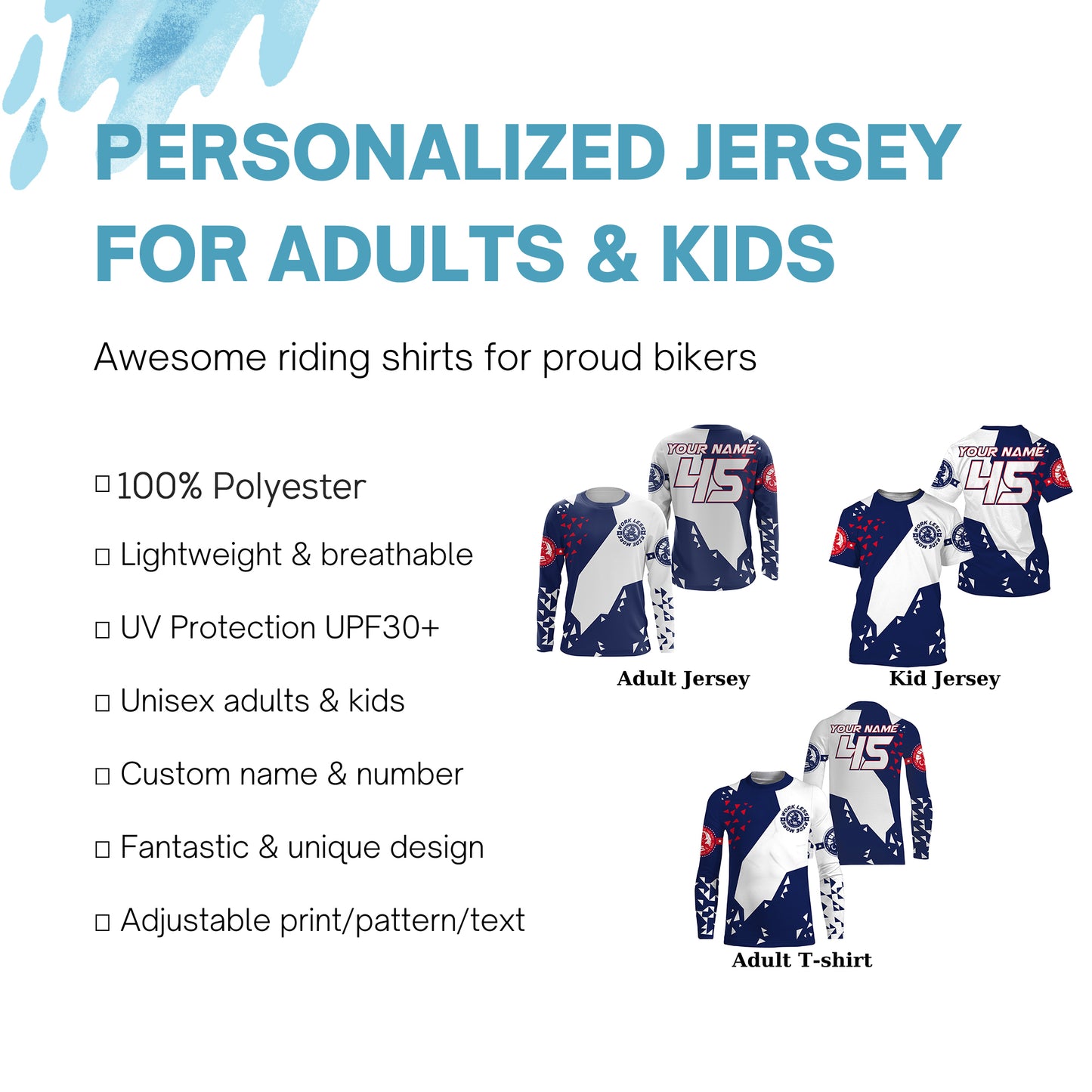 Kids men women motocross jerseys custom name&number blue white dirt bike shirt UV racing motorcycle PDT161