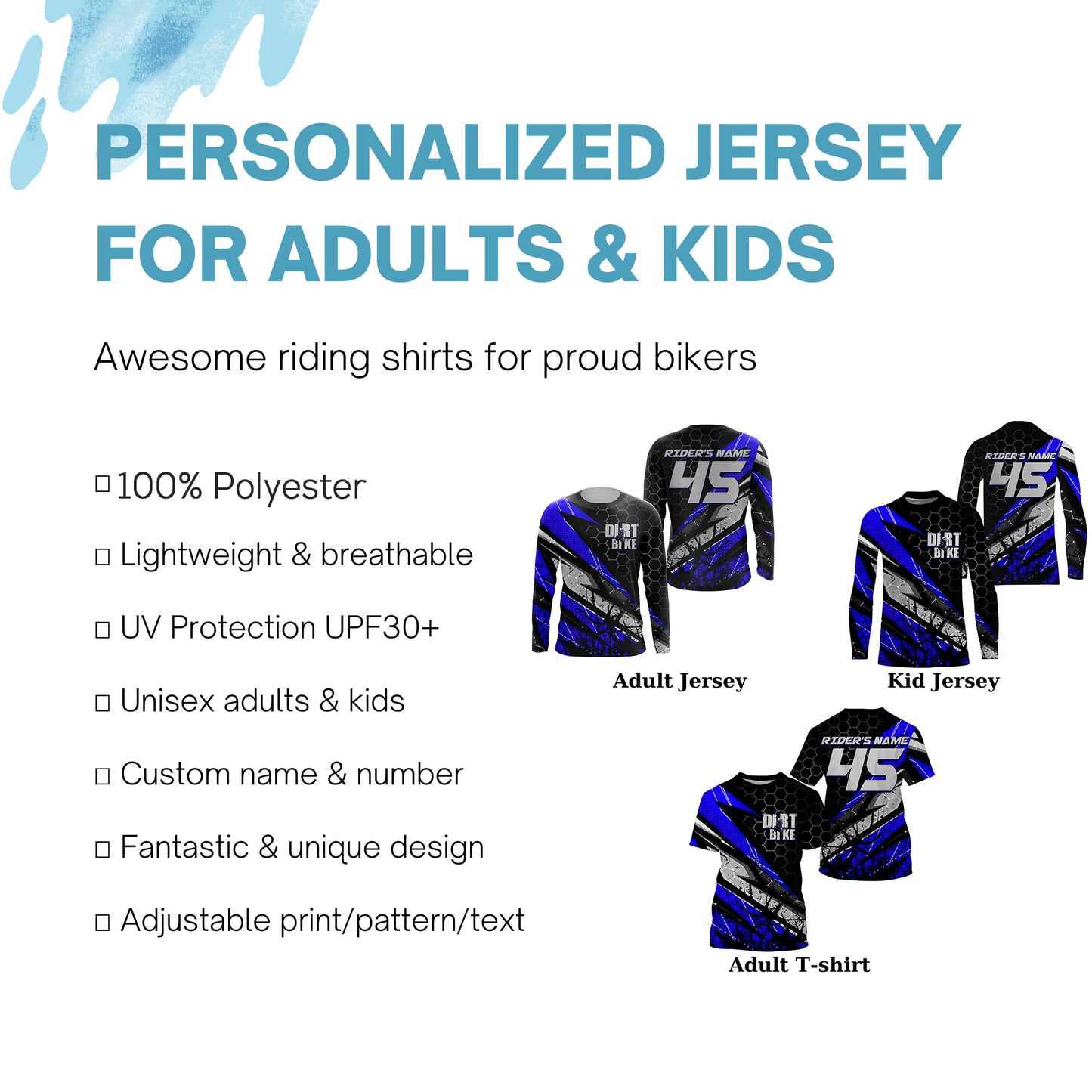 Customizable Motocross jersey kid men women UPF30+ off-road dirt bike blue MX racing shirt PDT264