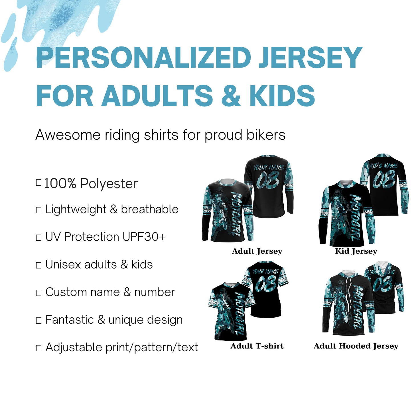MotoGirl personalized jersey UPF30+ motocross girl blue camo dirt bike riding shirt women bikers NMS1023