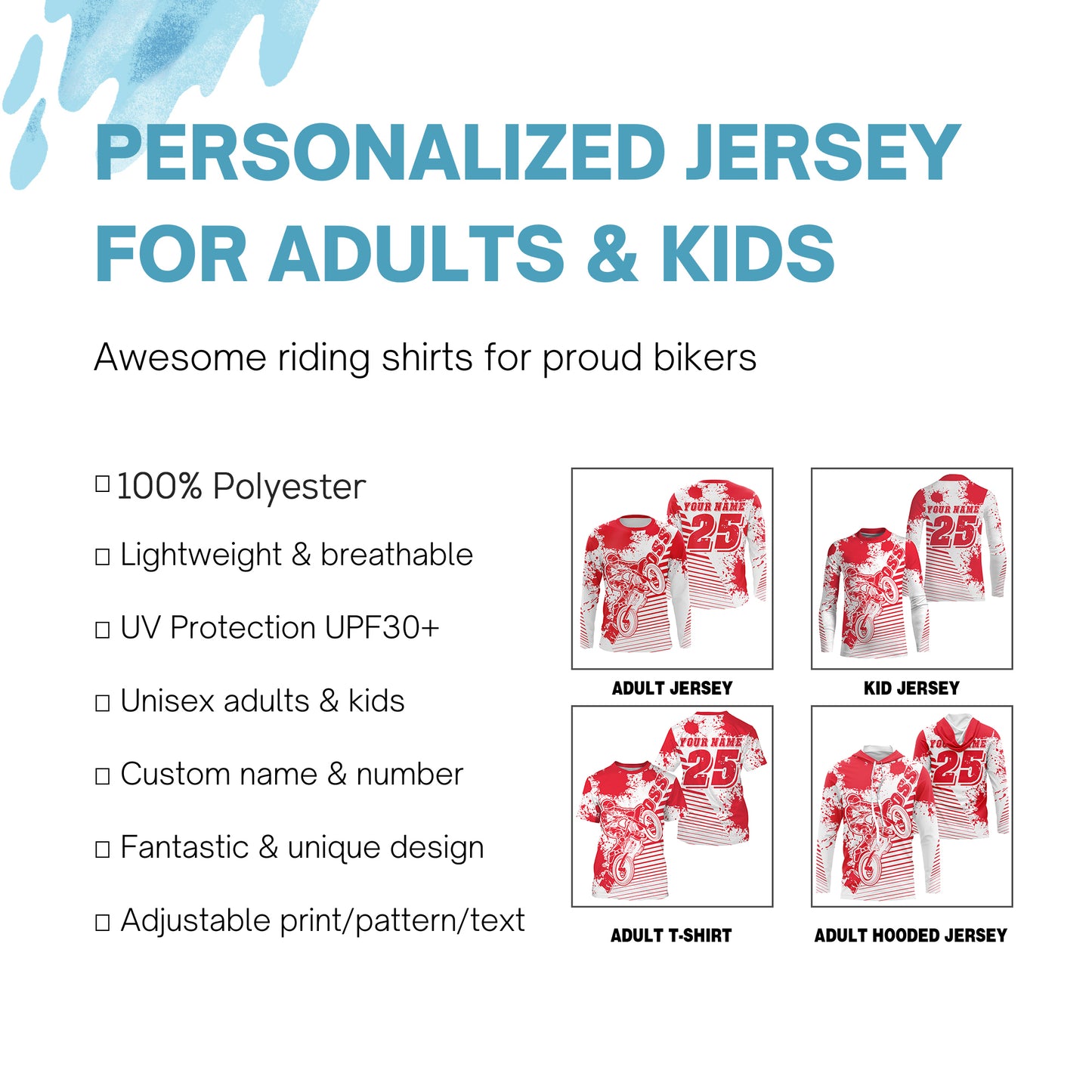 Kids men women jersey for MX custom UPF30+ red off-road Motocross racing shirt dirt bike racewear PDT107