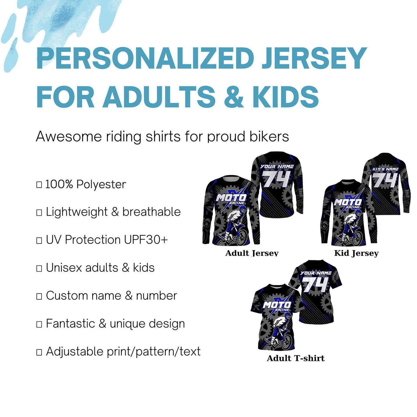 Dirt bike jersey for kid&adult custom name&number UPF30+ motocross racing offroad motorcycle shirt PDT150