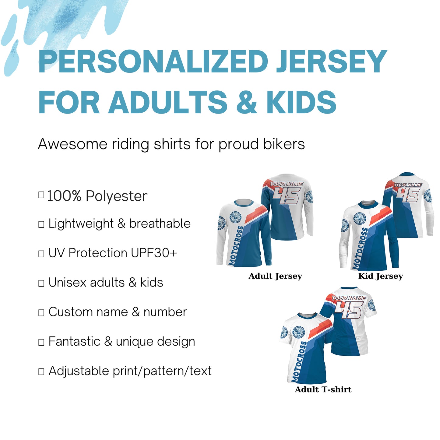 Custom number&name MX dirt bike racing jersey blue white UPF30+ youth adult Xtreme motorcycle shirt PDT172