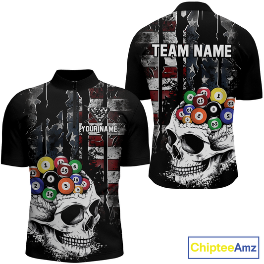 Personalized Skull US Flag Billiard Team Jersey Billiard Shirts for Men Polo & 1/4 Zip NNT42