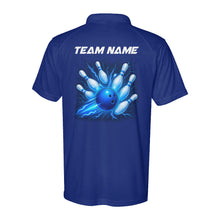 Load image into Gallery viewer, Blue Lightning Thunder Bowling ball and pins custom Team Bowling Performance Polo Shirts D02 NQS9918